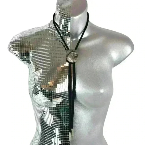 Boho Southwestern Black Bolo Tie - Silver Metal Eagle Head, Retro Cowboy Style - Picture 5 of 11